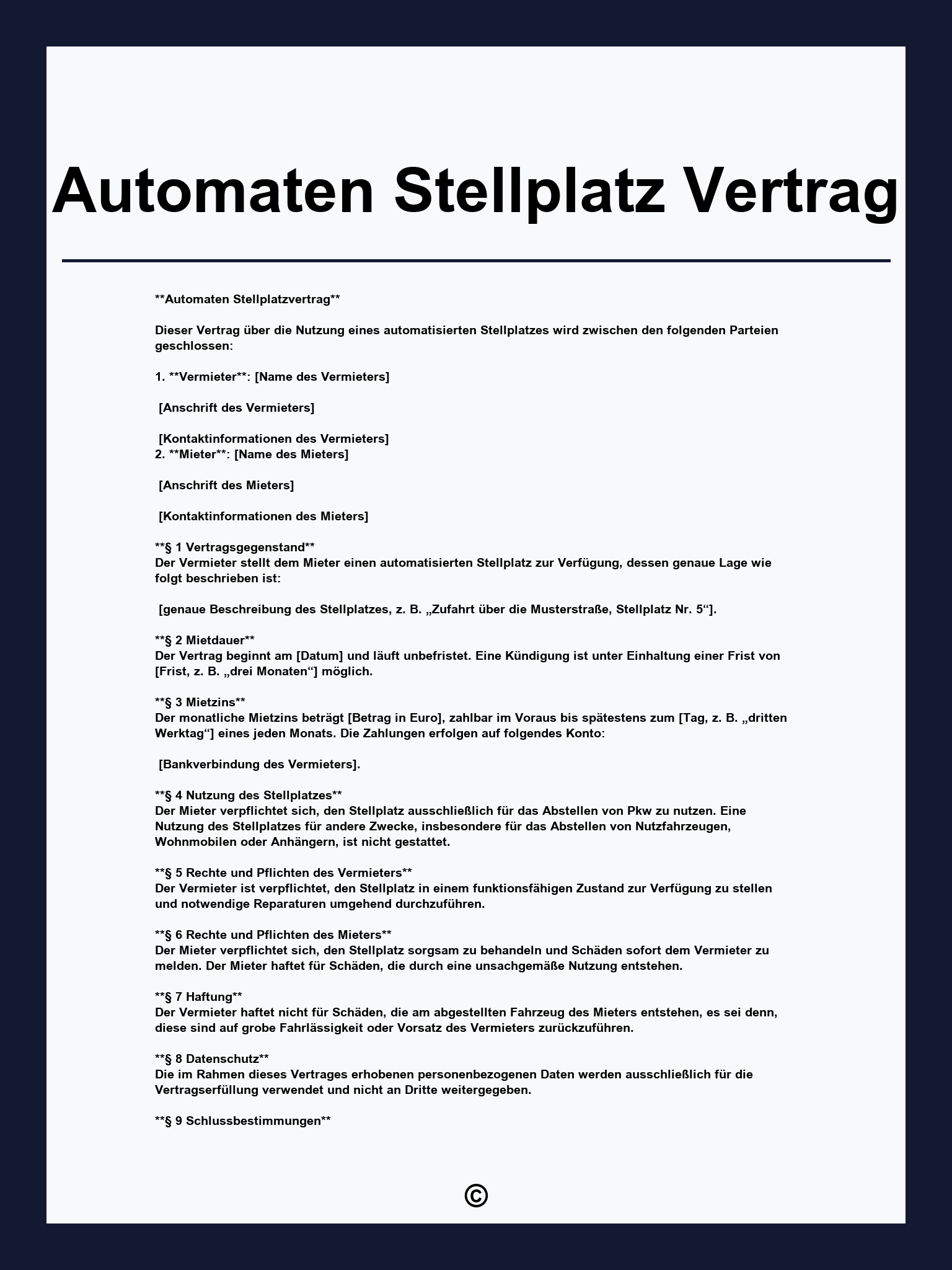 Automaten Stellplatz Vertrag