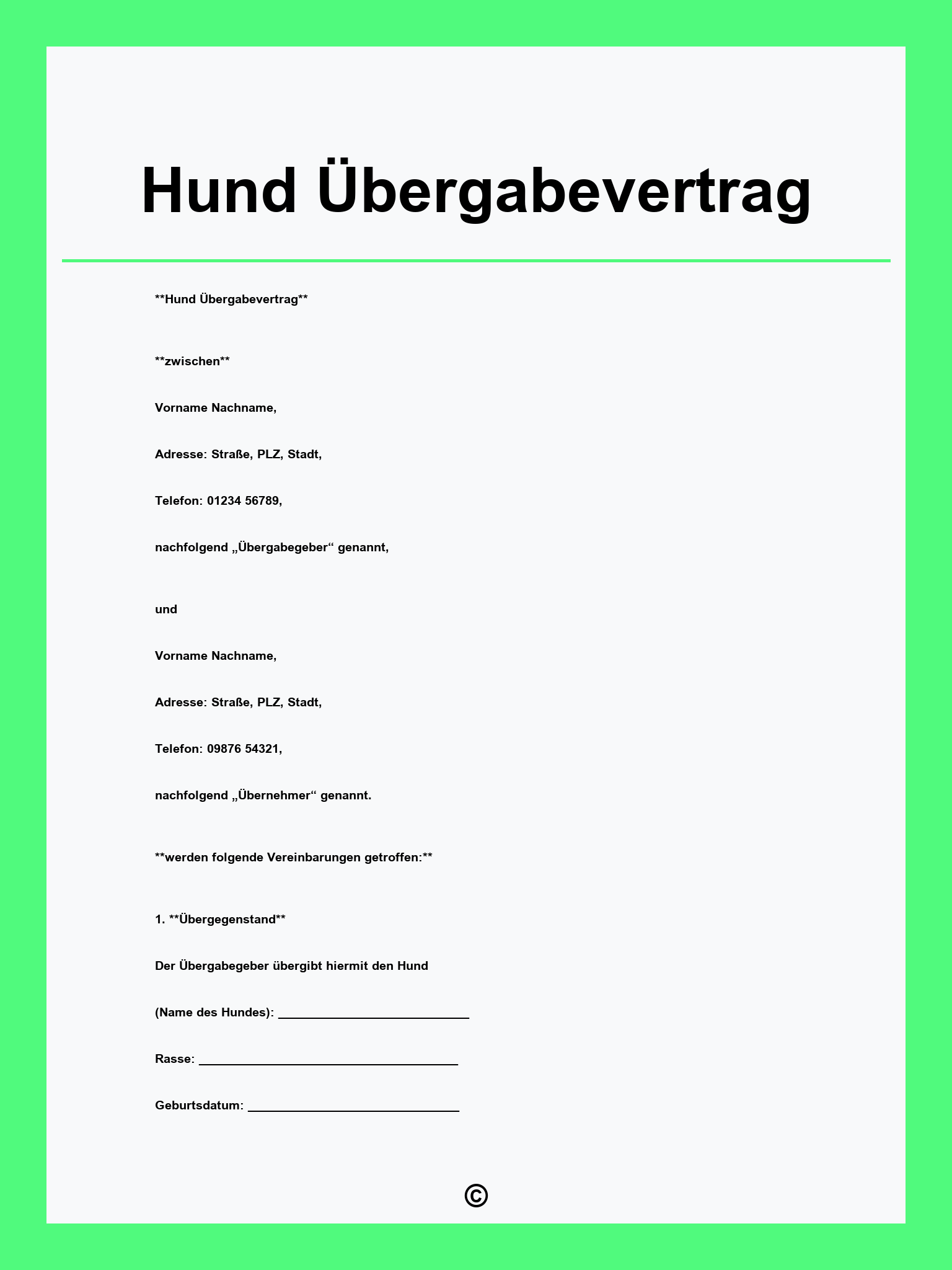 Hund Übergabevertrag