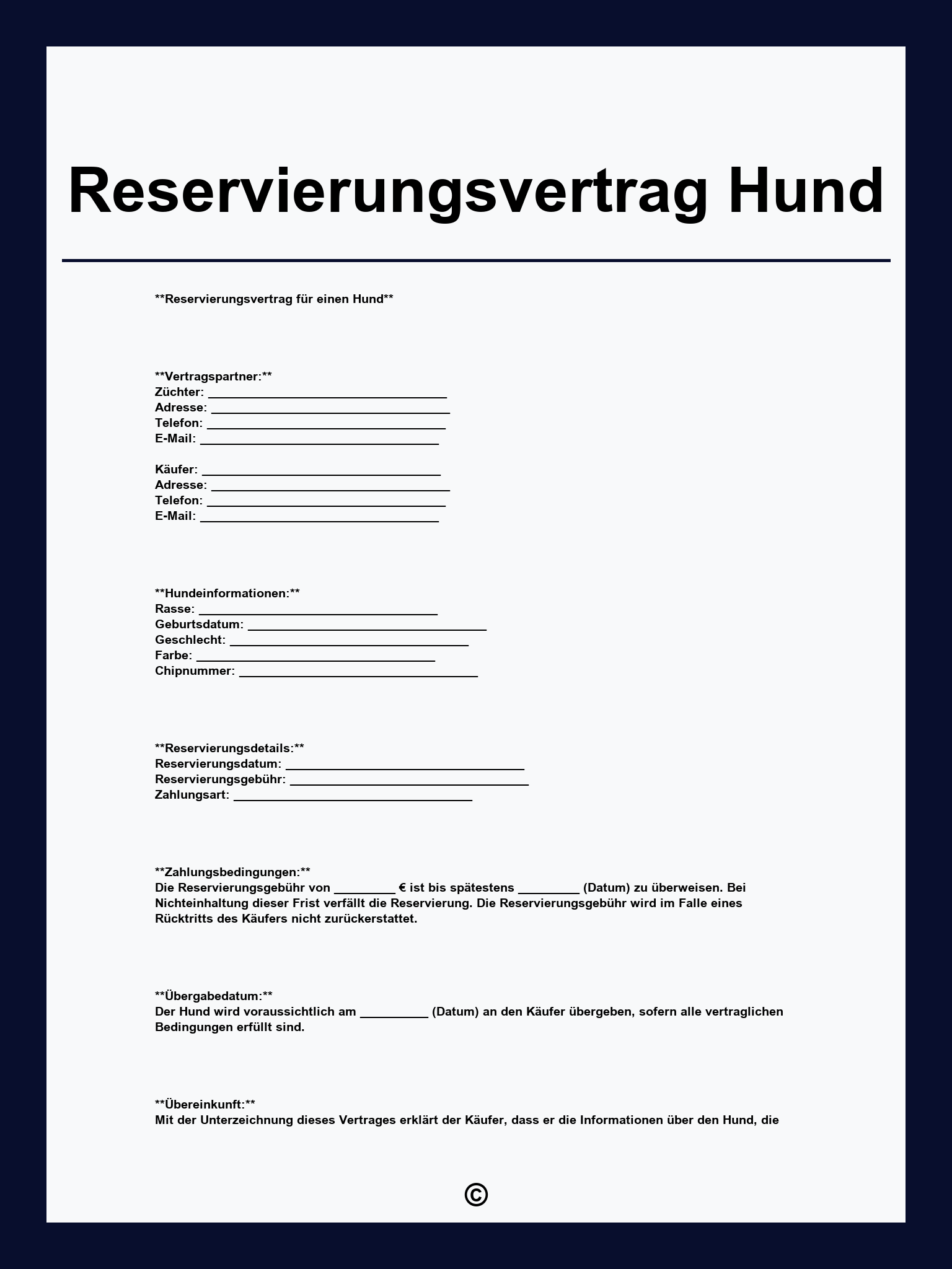Reservierungsvertrag Hund