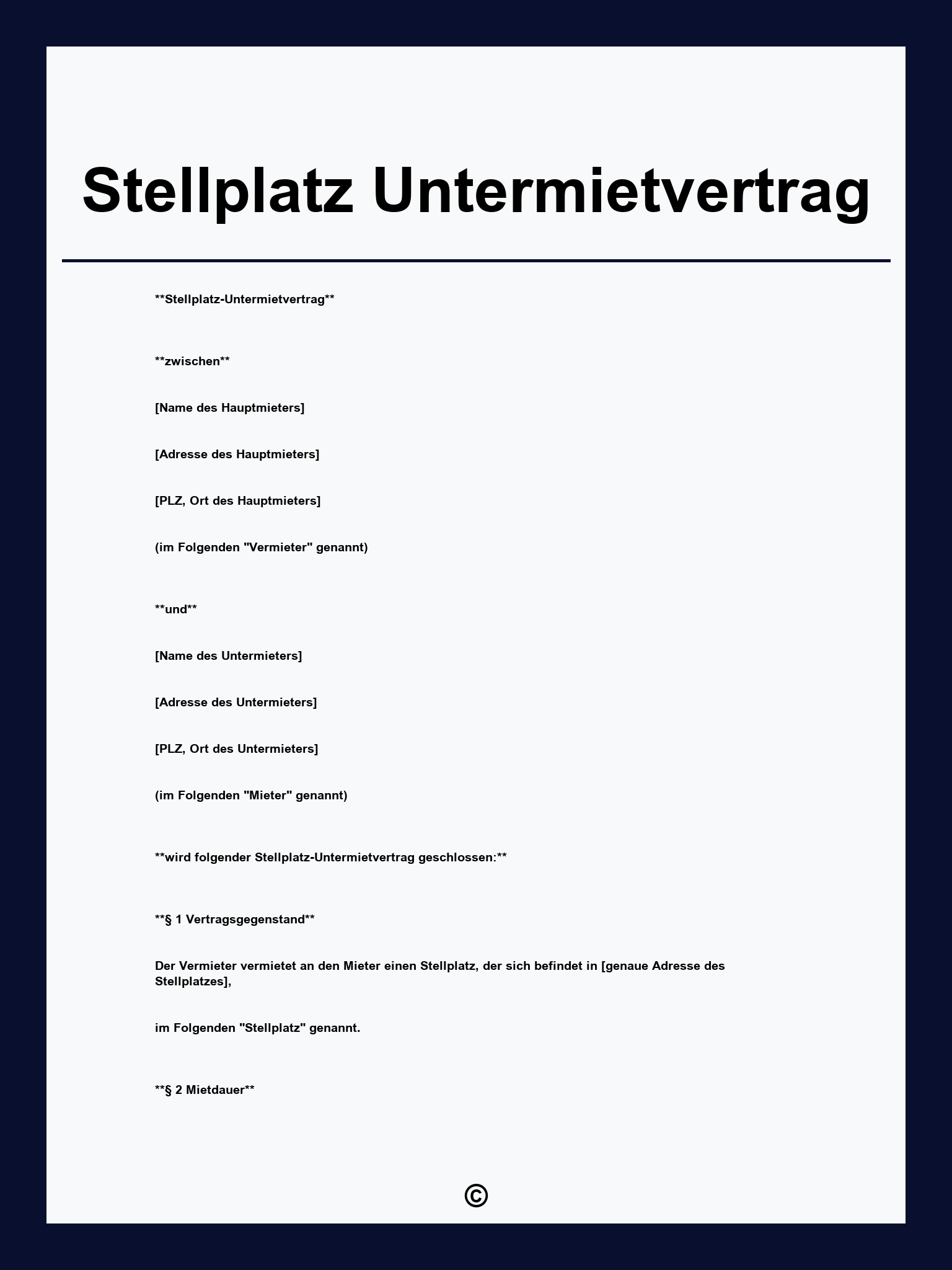 Stellplatz Untermietvertrag